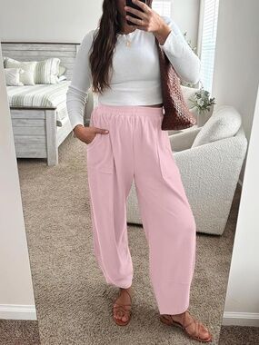 Boutique Pink Waffle Knit Barrel Leg Pants Wide Leg Tulip Hem Crop Large